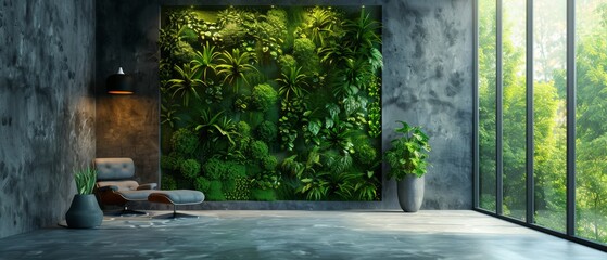 Green living wall with perennial plants in modern office. Urban gardening landscaping interior...