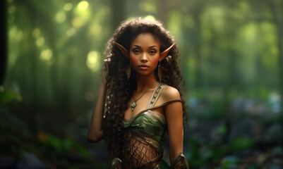 African american elf. most pretty elf maiden in the woods. Princess elven woman elf portrait. Fantasy lush bokeh forest background.