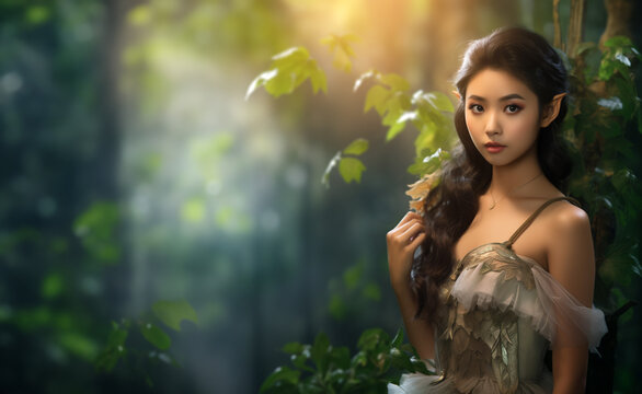 Asian elf. most pretty elf maiden in the woods. Princess elven woman elf portrait. Fantasy lush bokeh forest background.
