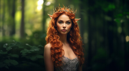 Red haired elf. most pretty elf maiden in the woods. Princess elven woman elf portrait. Fantasy...