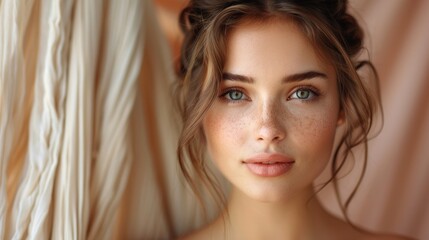 Naklejka premium No filter photo of beautiful woman, natural beauty ideal figure clear pure skin isolated on beige color textile background