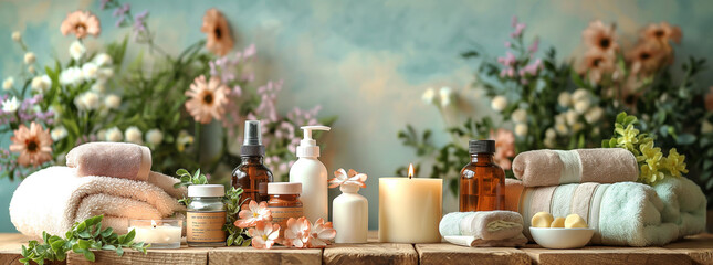 A rustic wooden table set with spa products like towels, candles and lotions in bottles, with flowers and plants behind for an organic wellness theme