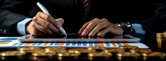 Close up of a young businessman using a digital tablet and laptop for online work, money