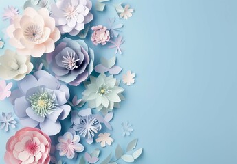 A creative paper art 3D floral design featuring various flowers on a soft blue background, with room for text or presentation.
