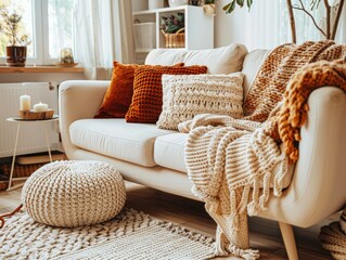 Cozy Handmade Crochet Decor Brightens Living Room with Warm Colors and Textures in Daylight