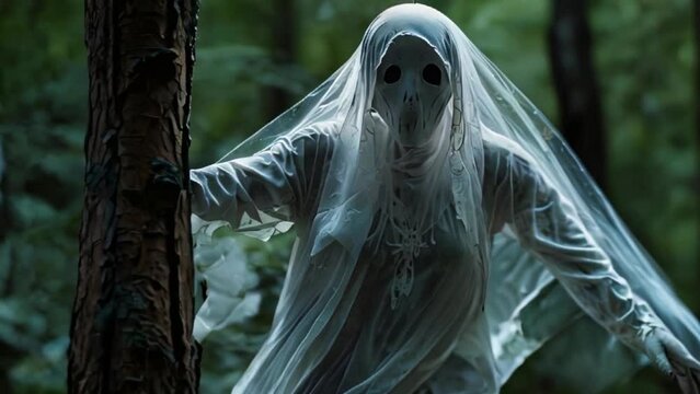 scary female white ghost without a face in the forest