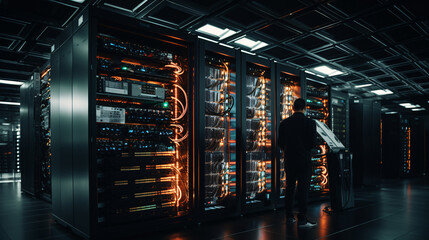 Network and internet communication technology concept, data center interior, server racks with telecommunication equipment in data center server room, man inception the equipment  