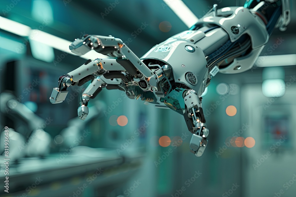 Poster a robotic hand extends towards a conveyor belt in a precise and calculated movement
