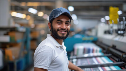 Young indian male employee standing at printing press factory