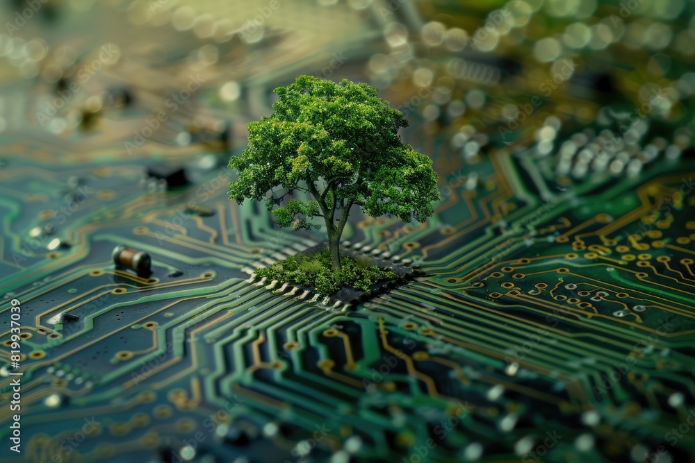 Poster a small tree is growing on top of a computer chip. concept of innovation and the potential for techn