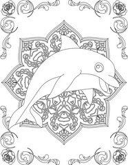 Dolphin on Mandala Coloring Page. Printable Coloring Worksheet for Adults and Kids. Educational Resources for School and Preschool. Mandala Coloring for Adults