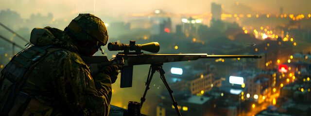 A sniper is aiming his big rifle at the city, and he is waiting for his prey. sniper rifle, target, prey, surveillance, sharpshooter, precision, military, tactical