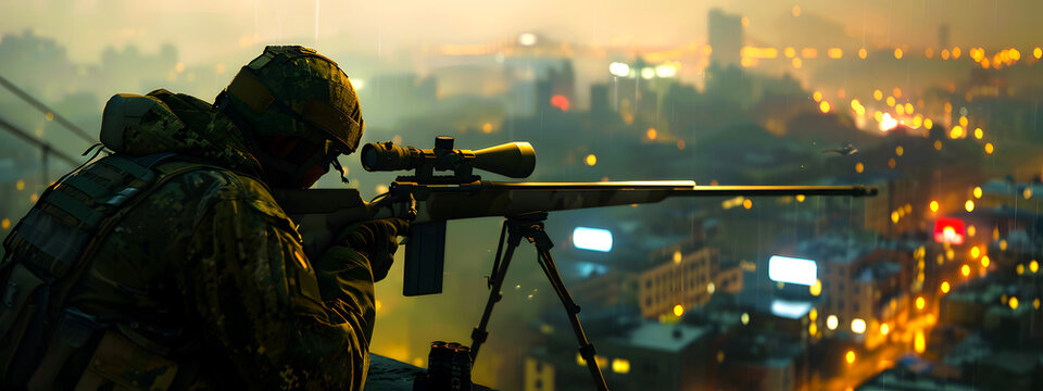 A sniper is aiming his big rifle at the city, and he is waiting for his prey. sniper rifle, target, prey, surveillance, sharpshooter, precision, military, tactical