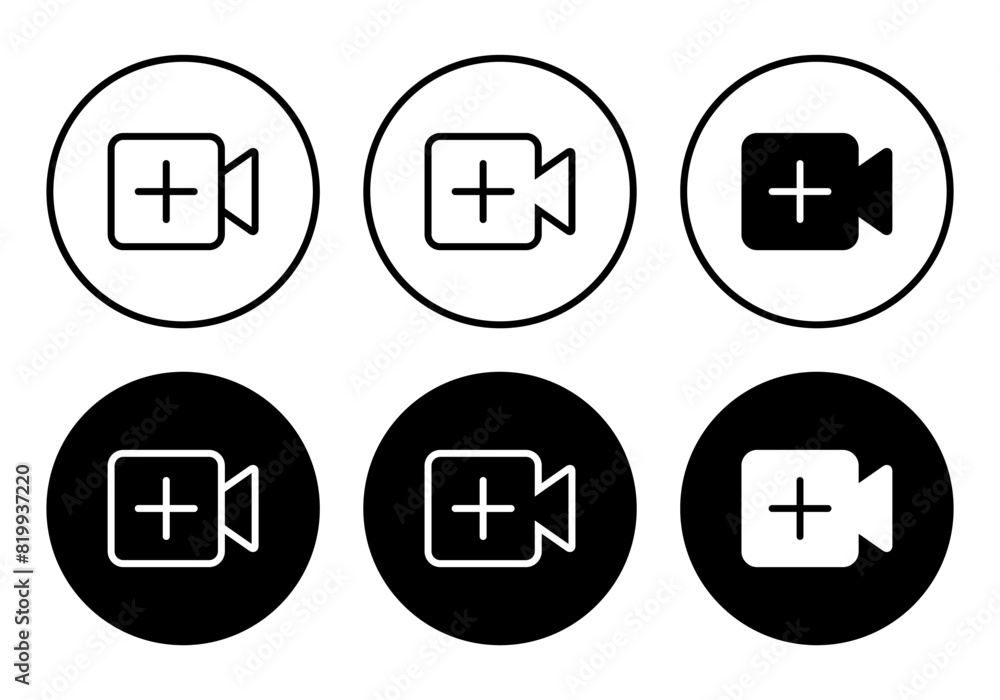 Poster add video icon set in black circle. camera and plus concept. upload content symbol