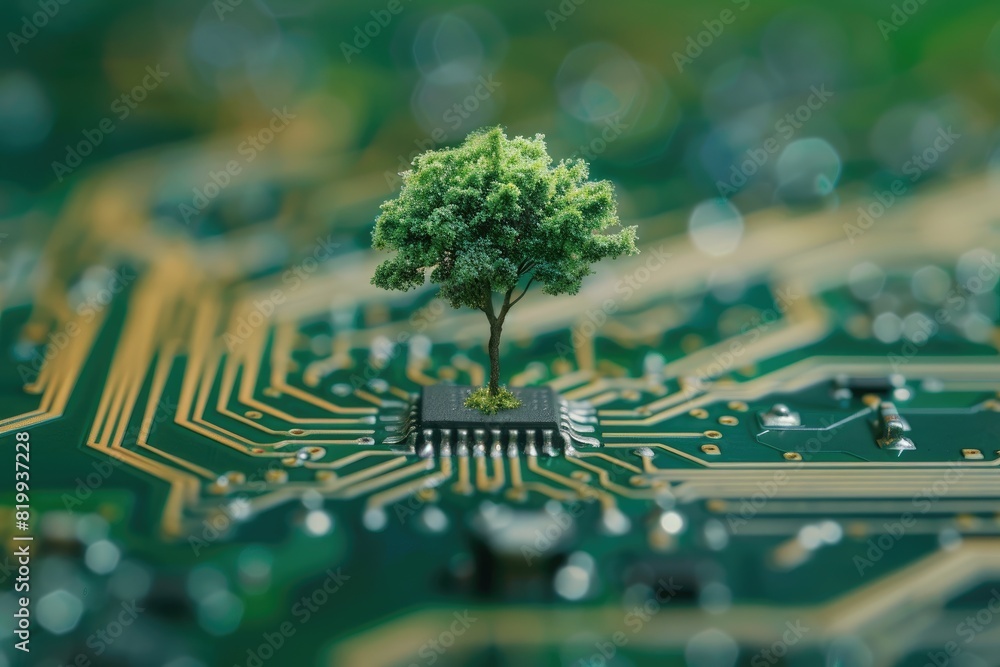 Poster a small tree is planted on top of a computer chip. concept of innovation and technology, as well as 