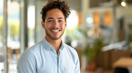 Smiling young man with curly hair in modern office environment..