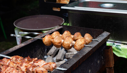 Cooking shashlik on a metal skewer and grilled vegetables. Grilled meat and vegetables. Delicious street food.