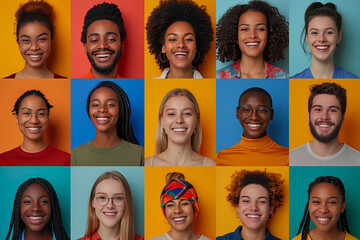A collage of photographs of young positive multiethnic men and women on a coloured background