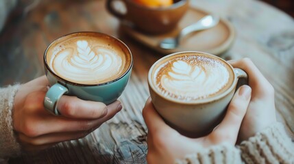 Two people are holding coffee cups in their hands. The cups are decorated with latte art. - Powered by Adobe