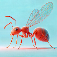 Red ant on pastel blue background.