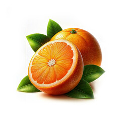 Orange with cut in half and green leaves. GenerativeAI