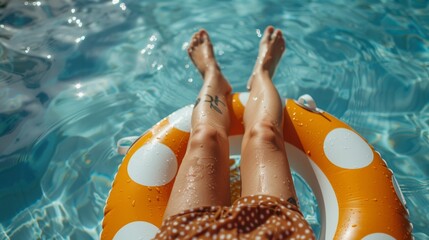 Back to School Relaxation: Female Teacher in Polka Dot Dress on Pool Float, Summer Day, Pastel Sky