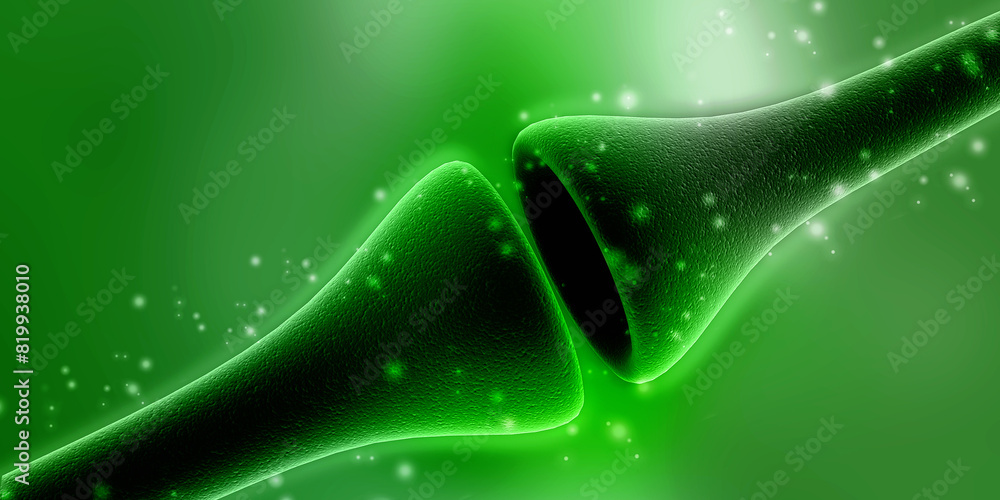 Poster 3d rendering synapse and neuron cells sending electrical chemical signals