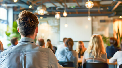 Employees sit attentively in a meeting room, view from behind. Education, learning course, skill development, and human resource training for business growth and employee performance improvement. 