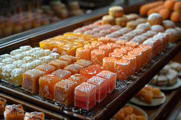 Assorted Asian sweet cakes display case