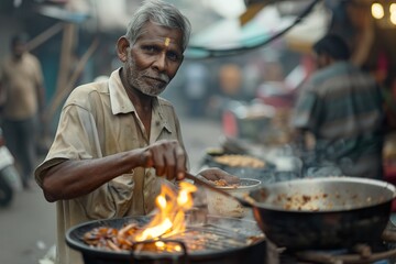 Fototapeta premium Elderly Man Preparing Food at a Street Market