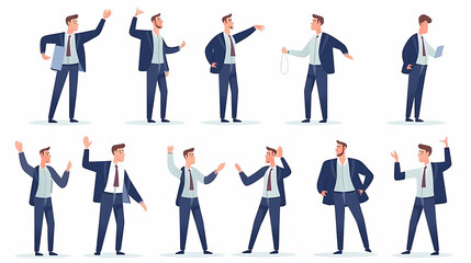 Set of businessman character vector design. Presentation in various action with emotions, running, standing and walking. People working in office planning, thinking and economic analysis