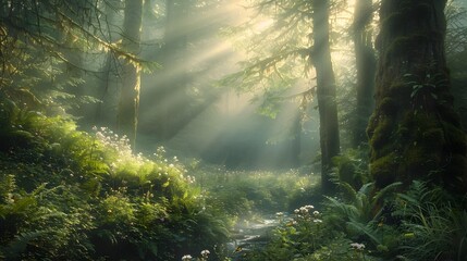 Obraz premium Serene Misty Forest at Dawn: A Haven of Peace and Tranquility