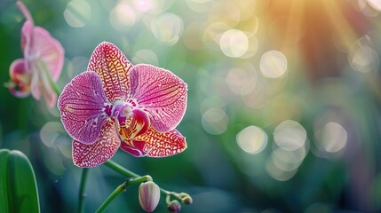 A pink orchid flower with yellow and white stripes on its petals is in focus, with blurred green leaves and orange lights in the background.