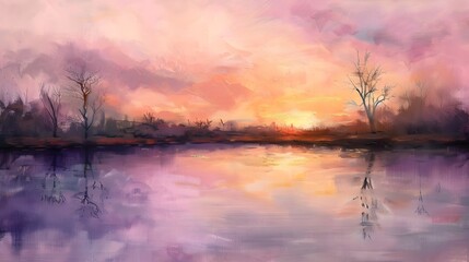 Obraz premium Tranquil Pastel Sunset Reflection in a Still Lake: A Serene Moment of Peace and Contentment