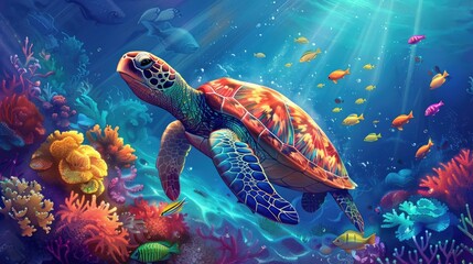 Fototapeta premium A colorful turtle swimming in a coral reef with a variety of fish swimming around it. Scene is lively and vibrant, with the bright colors of the coral and the fish creating a sense of energy