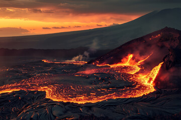 Stunning Volcano Eruption with Molten Lava Flow and Smoke Clouds in the Night Sky