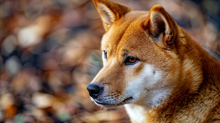 Close-up of a Shiba Inu dog with a focused, serene expression, cryptocurrency Shiba Inu coin concept