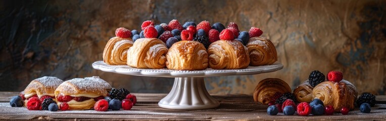 Variety of pastries with berries on a cake stand, set on a rustic wooden table