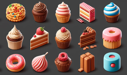 3d sweet food items, including cake, muffin, candy, and cupcake on dark background for poster