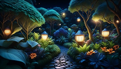 A beautifully maintained garden at night, softly lit by lanterns. 