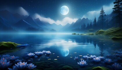 A calm lake at night, with a light mist hovering over the water's surface.