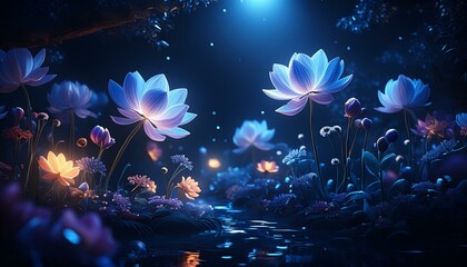 A blooming garden at night with flowers softly lit by moonlight, surrounded by dark foliage.
