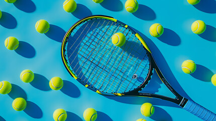Yellow tennis balls with racket scattered on the blue background
