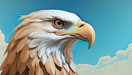 Fototapeta premium A close-up of an eagle's head with its beak slightly open, set against a clear, light blue 