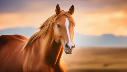 Obraz premium A noble horse with a proud smile, standing in front of a vast, open field with a clear horizon