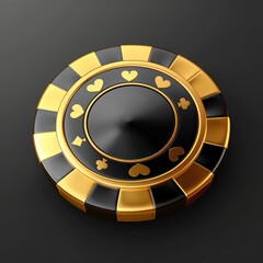 casino chip icon in gold and black colors, realistic on a dark background