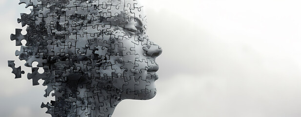 Photorealistic Puzzle, Head Silhouette Formed by Puzzle Pieces