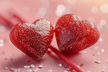 Digital image of two red heart shaped wooden sticks on pink background - Powered by Adobe