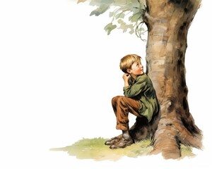 Watercolor illustration of a young boy sitting by a tree, gazing upwards in contemplation. Nature and childhood moments captured beautifully.