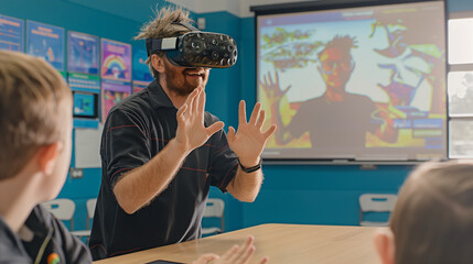 A teacher conducting an immersive lesson with VR glasses in a classroom, demonstrating VR in education.